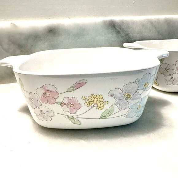 Vtg 80s Set Of 2 Corningware Pastel Bouquet Square Casserole Multicolor 700ml - Picture 3 of 5